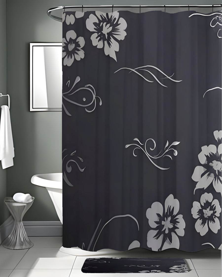 Minimalist Shower Curtain - Black and Gray Floral Print