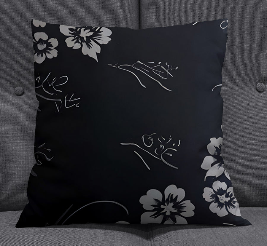 Gray and Black Ornate Floral Pattern Throw Pillow Cover