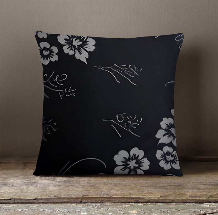 Gray and Black Ornate Floral Pattern Throw Pillow Cover
