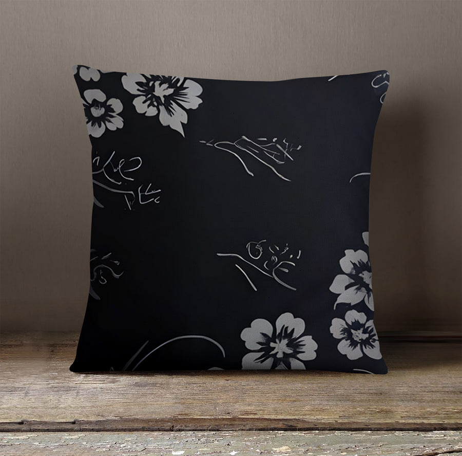 Gray and Black Ornate Floral Pattern Throw Pillow Cover
