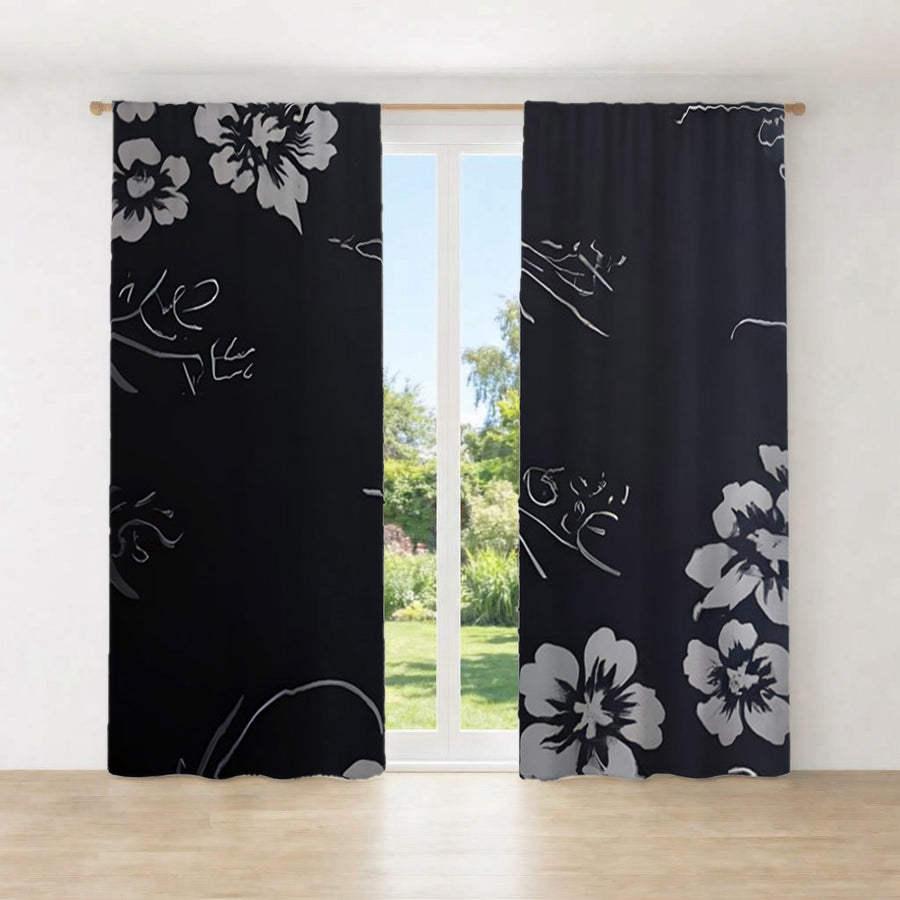 Gray and Black Ornate Floral Pattern Window Curtains