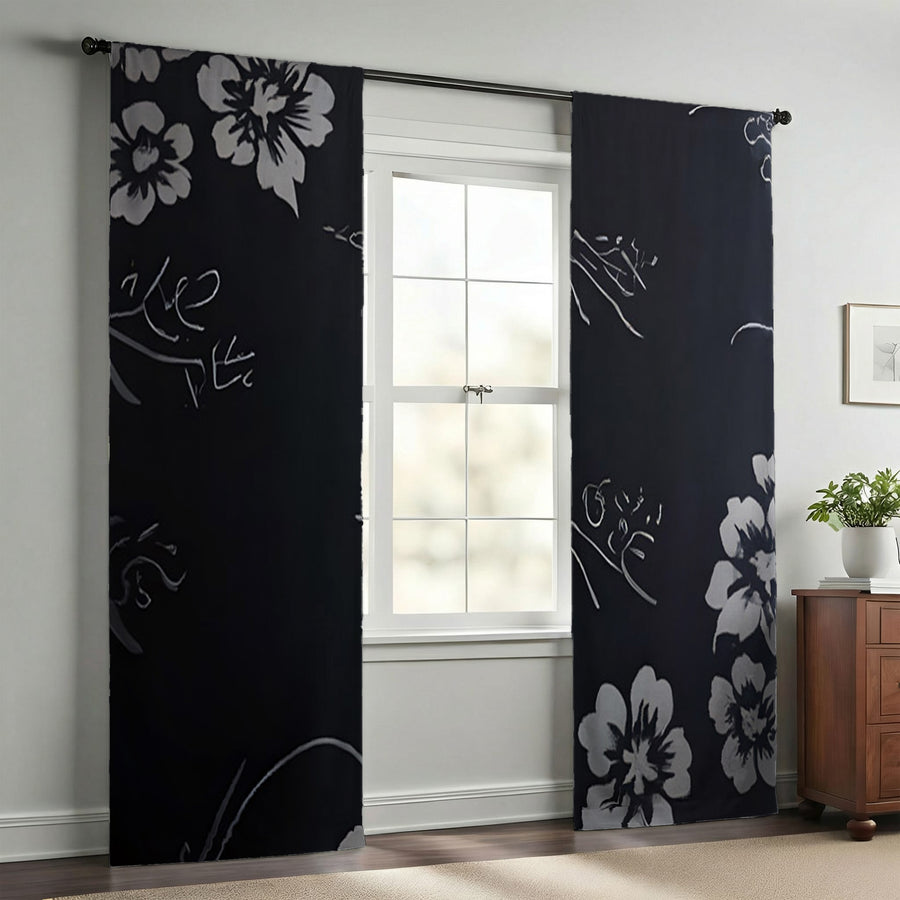 Gray and Black Ornate Floral Pattern Window Curtains