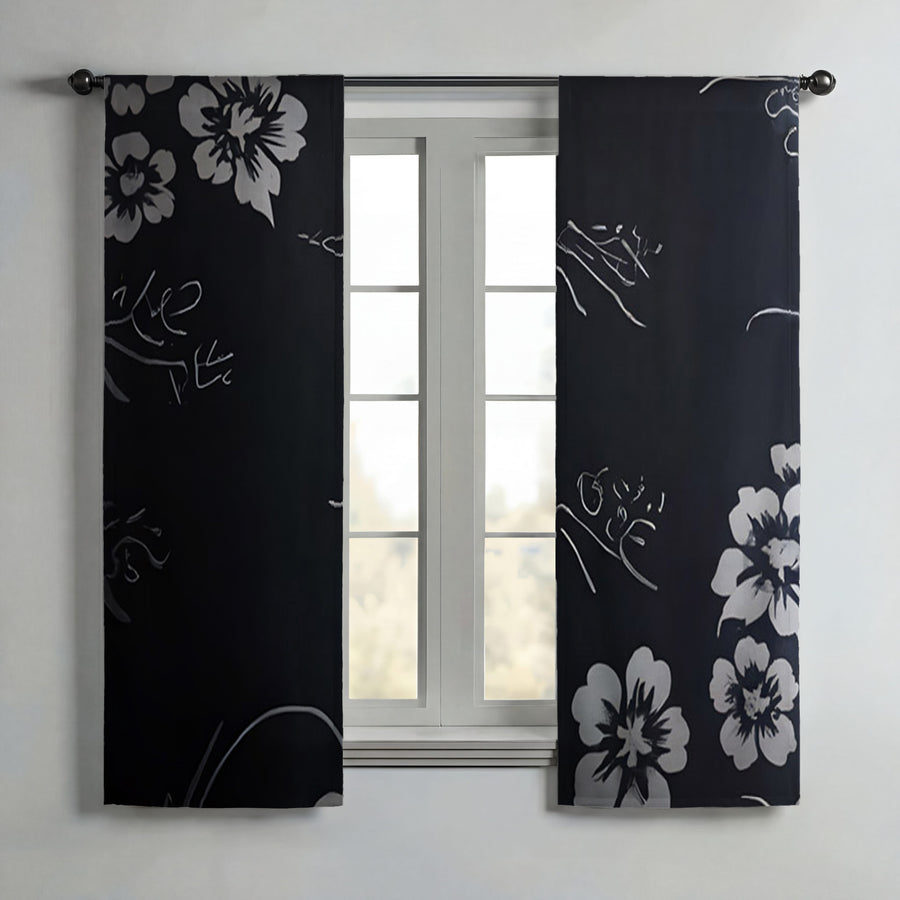Gray and Black Ornate Floral Pattern Window Curtains