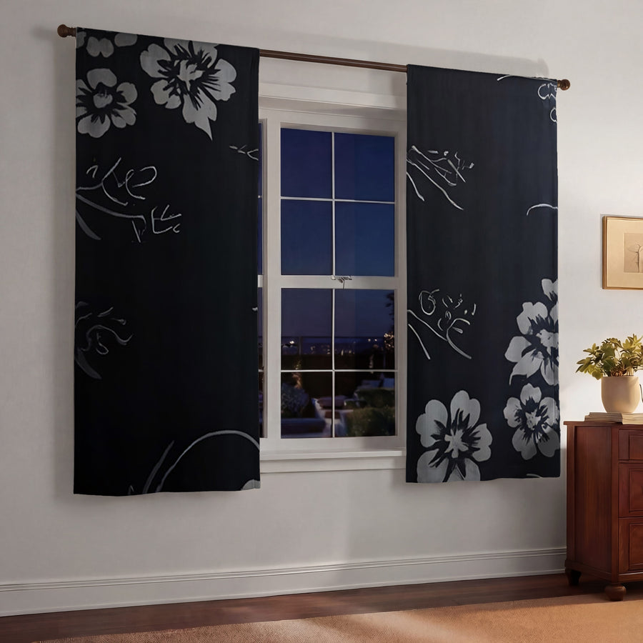 Gray and Black Ornate Floral Pattern Window Curtains