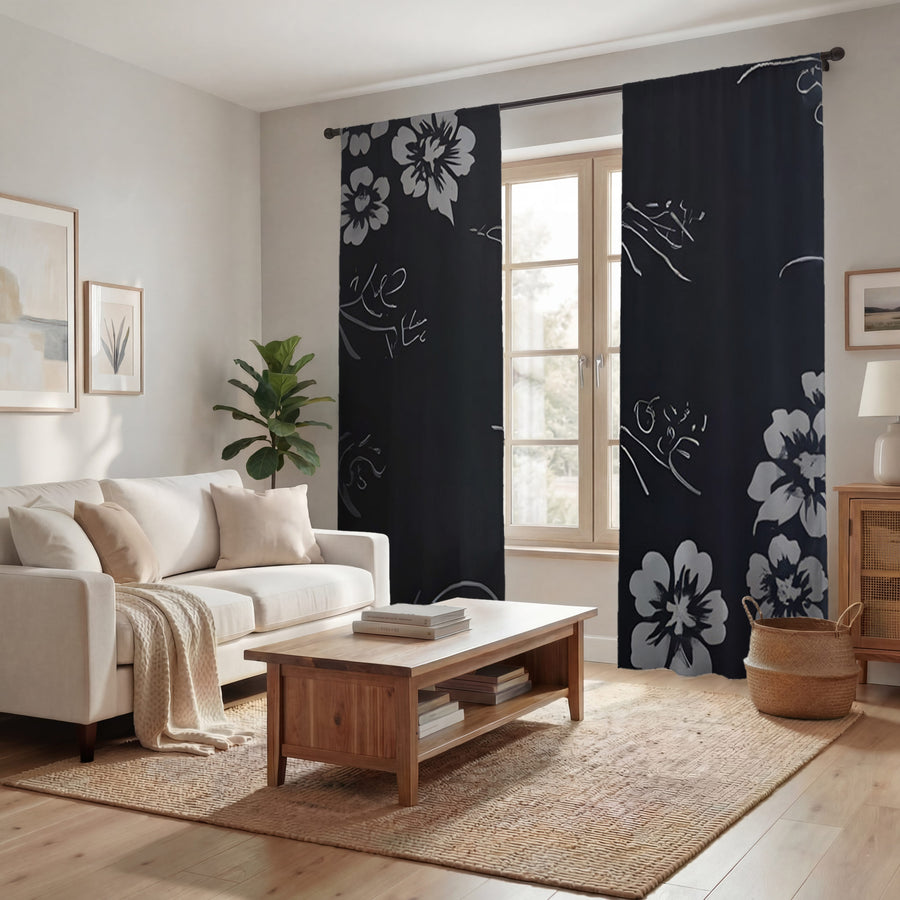 Gray and Black Ornate Floral Pattern Window Curtains