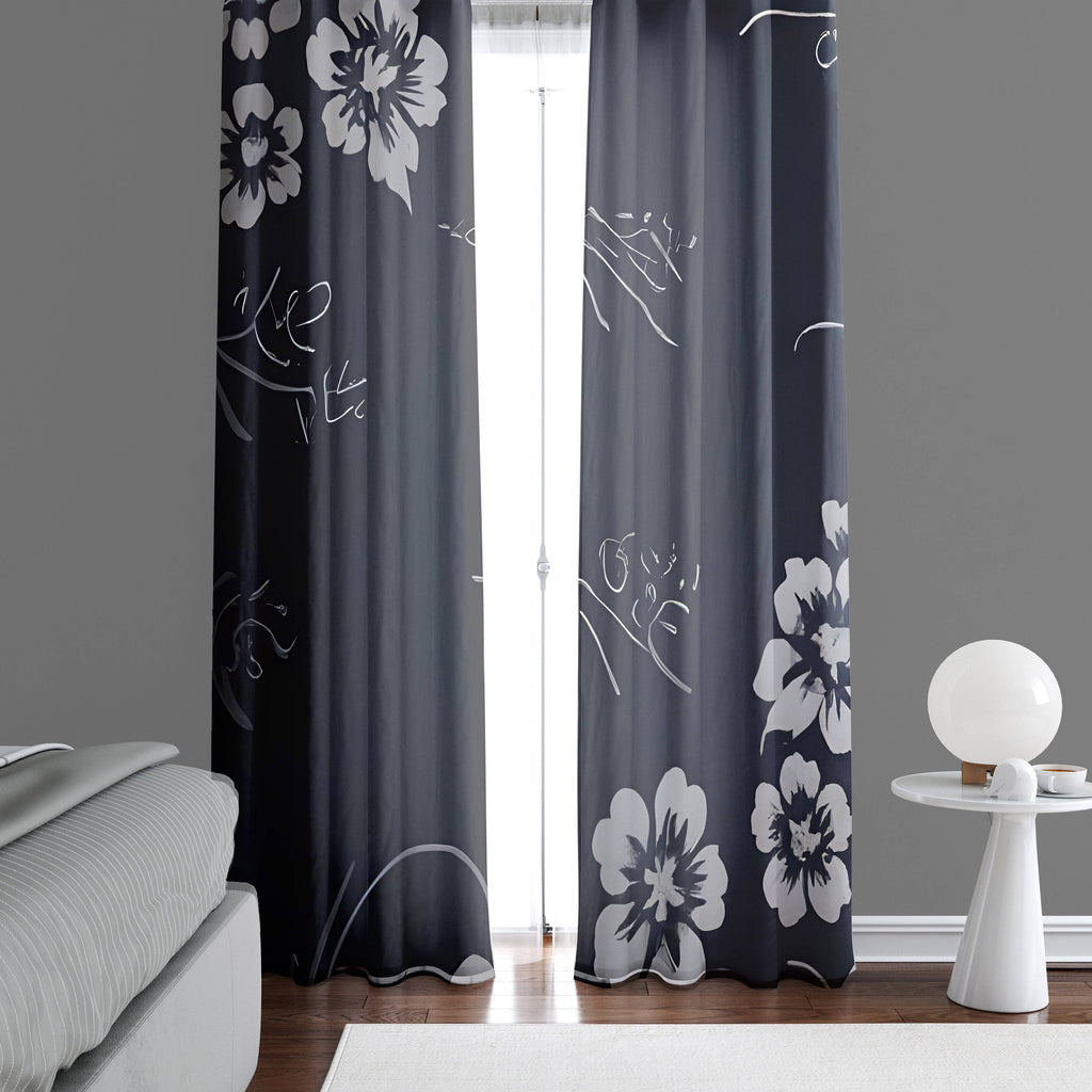 Minimalist Window Curtains - Black and Gray Floral Print - Deja Blue Studios