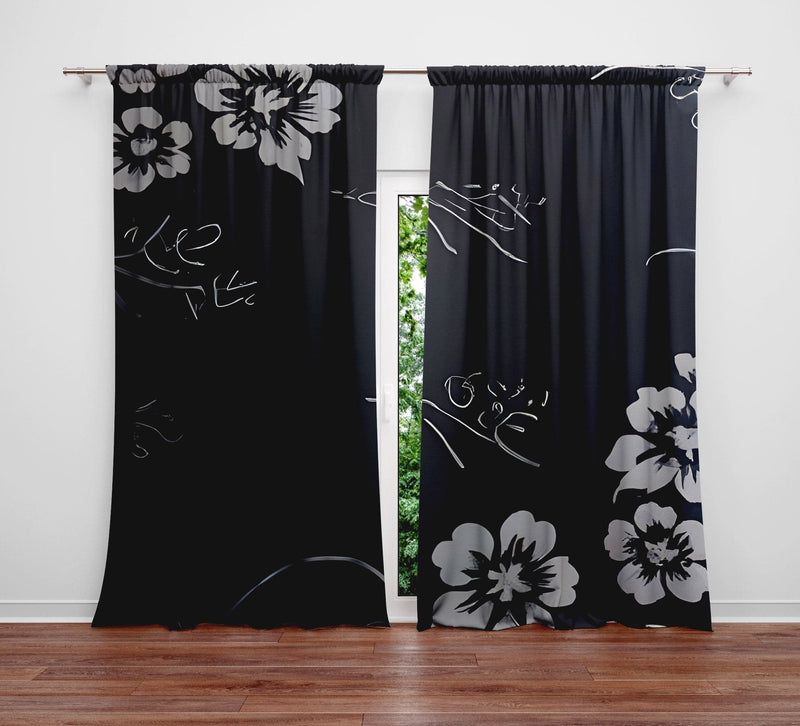 Minimalist Window Curtains - Black and Gray Floral Print - Deja Blue Studios