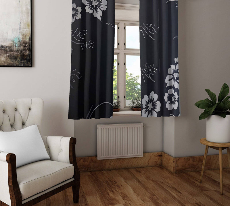 Minimalist Window Curtains - Black and Gray Floral Print - Deja Blue Studios