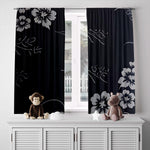 Minimalist Window Curtains - Black and Gray Floral Print - Deja Blue Studios