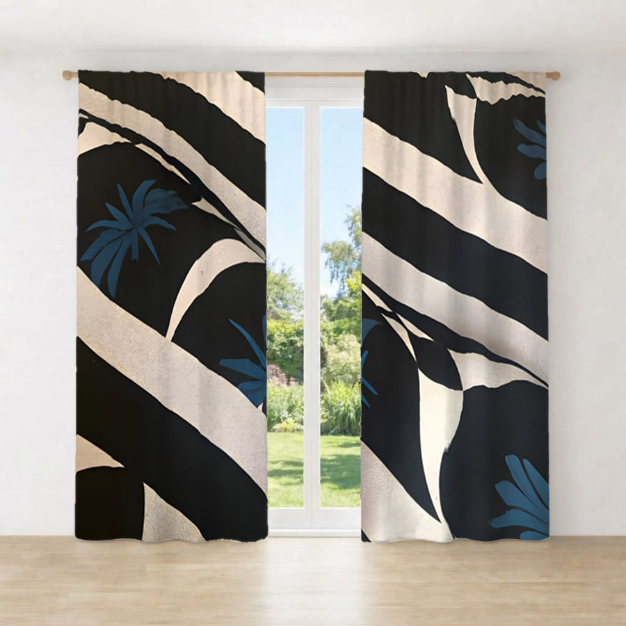 Black and Beige Abstract Wave Pattern Window Curtains
