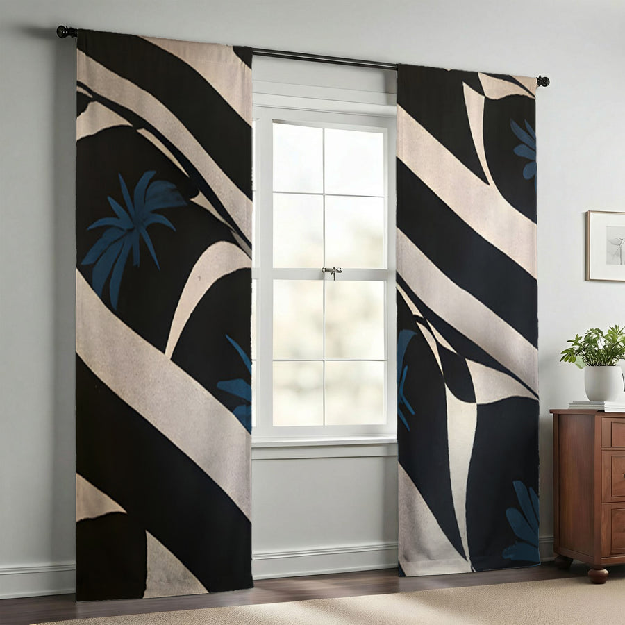 Black and Beige Abstract Wave Pattern Window Curtains
