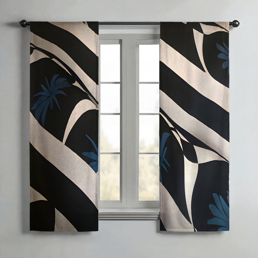 Black and Beige Abstract Wave Pattern Window Curtains