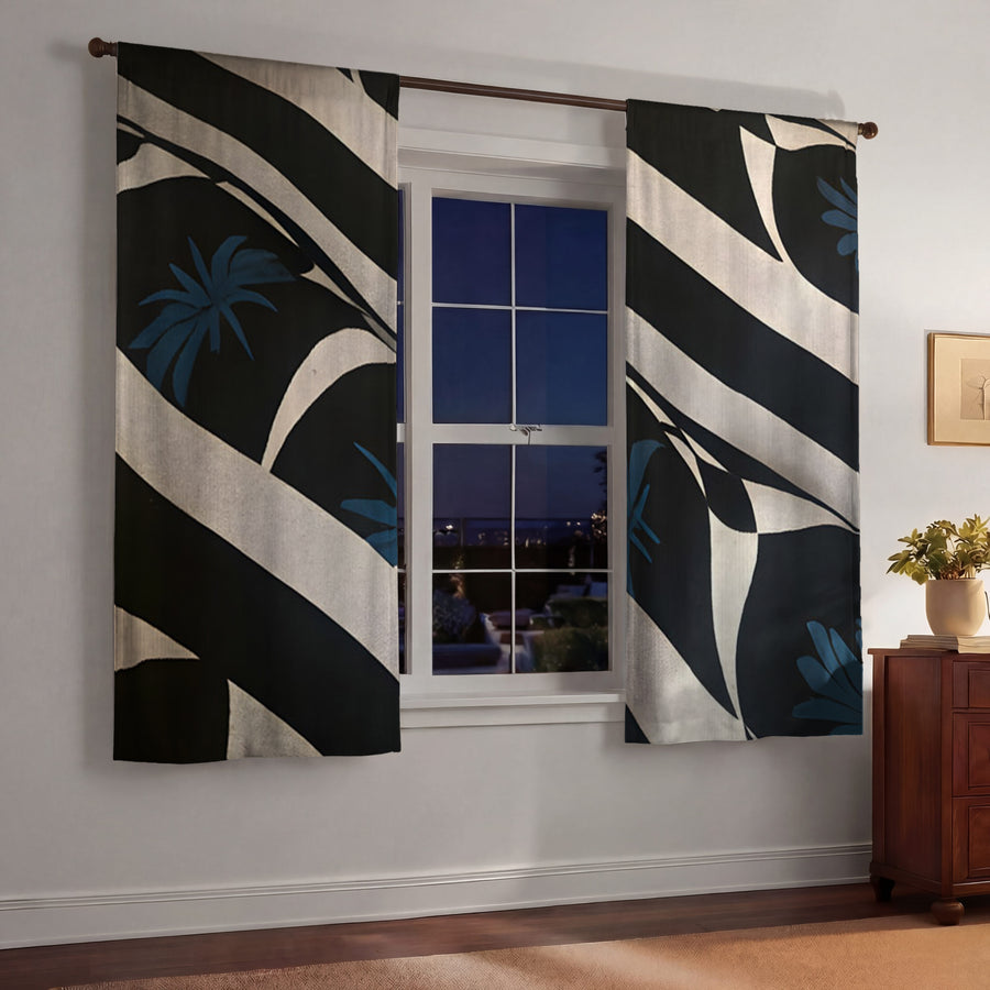 Black and Beige Abstract Wave Pattern Window Curtains