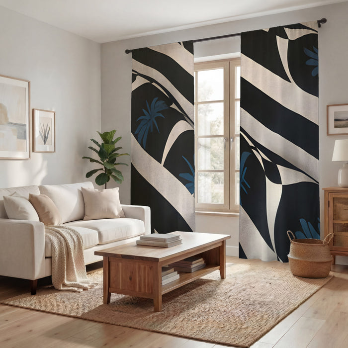 Black and Beige Abstract Wave Pattern Window Curtains
