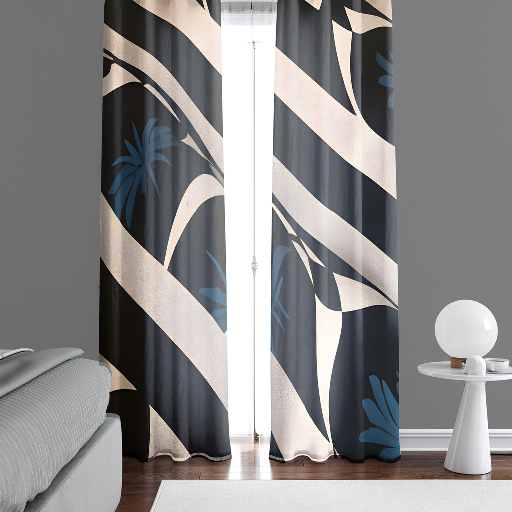 Abstract Window Curtains - Black and Blue Pattern - Deja Blue Studios