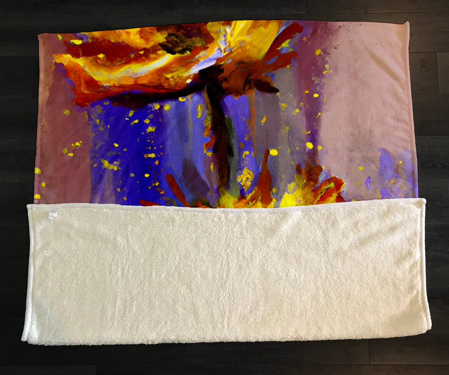 Purple and Yellow Floral Artwork Fleece Sherpa Blanket