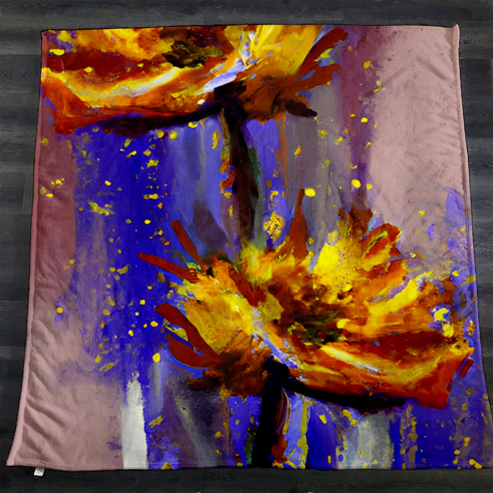 Purple and Yellow Floral Artwork Fleece Sherpa Blanket