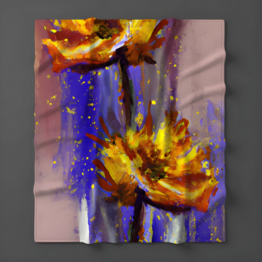 Purple and Yellow Floral Artwork Fleece Sherpa Blanket