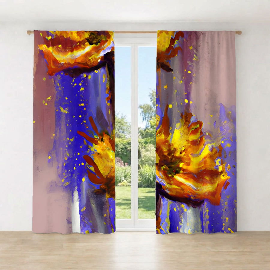 Purple and Yellow Floral Artwork Window Curtains
