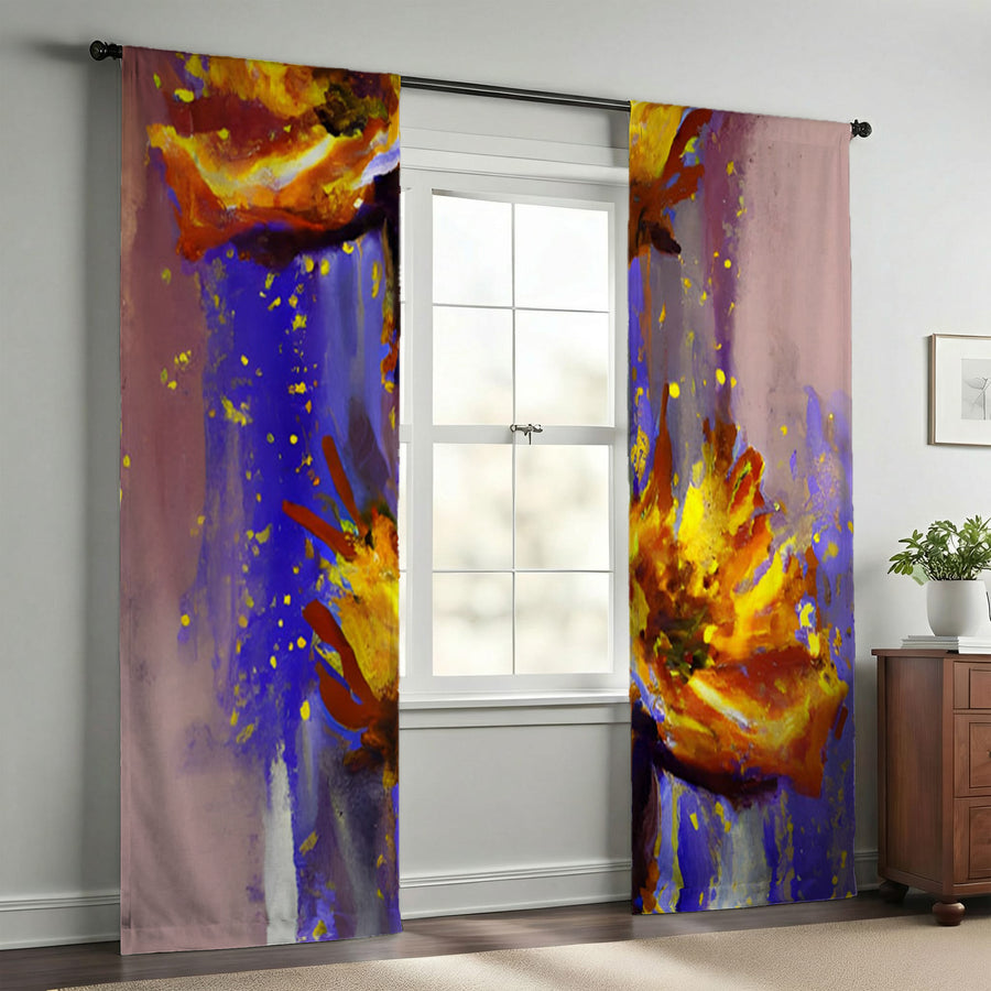 Purple and Yellow Floral Artwork Window Curtains