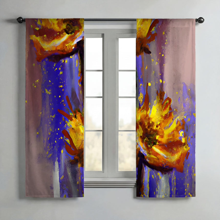 Purple and Yellow Floral Artwork Window Curtains
