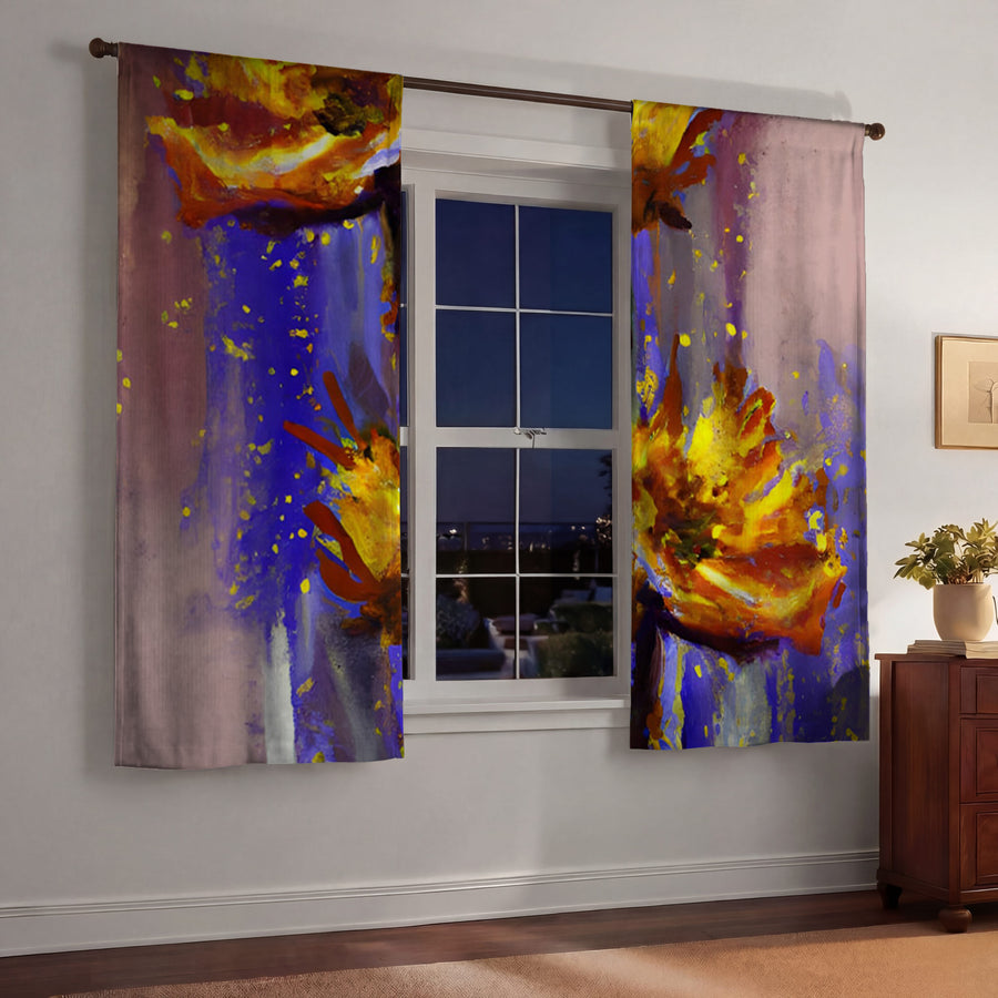 Purple and Yellow Floral Artwork Window Curtains