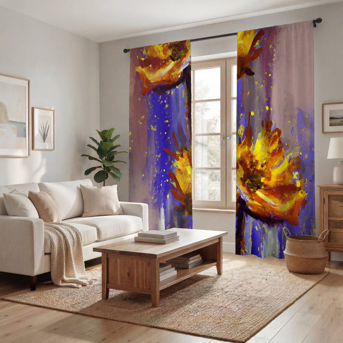 Purple and Yellow Floral Artwork Window Curtains