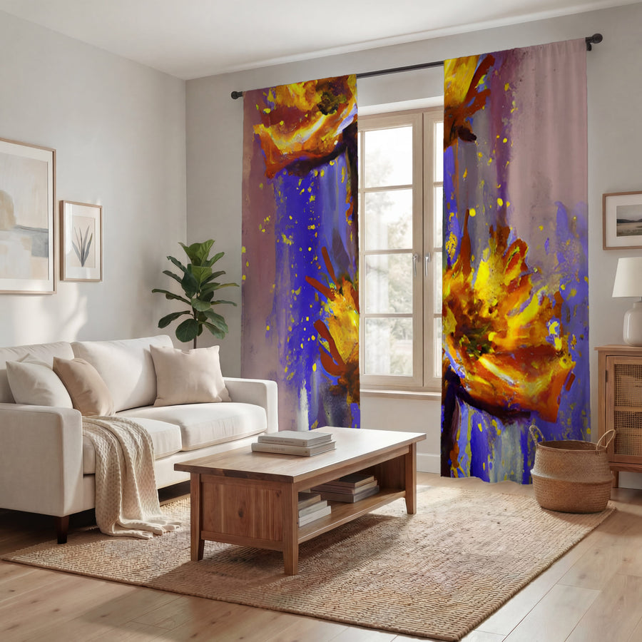 Purple and Yellow Floral Artwork Window Curtains