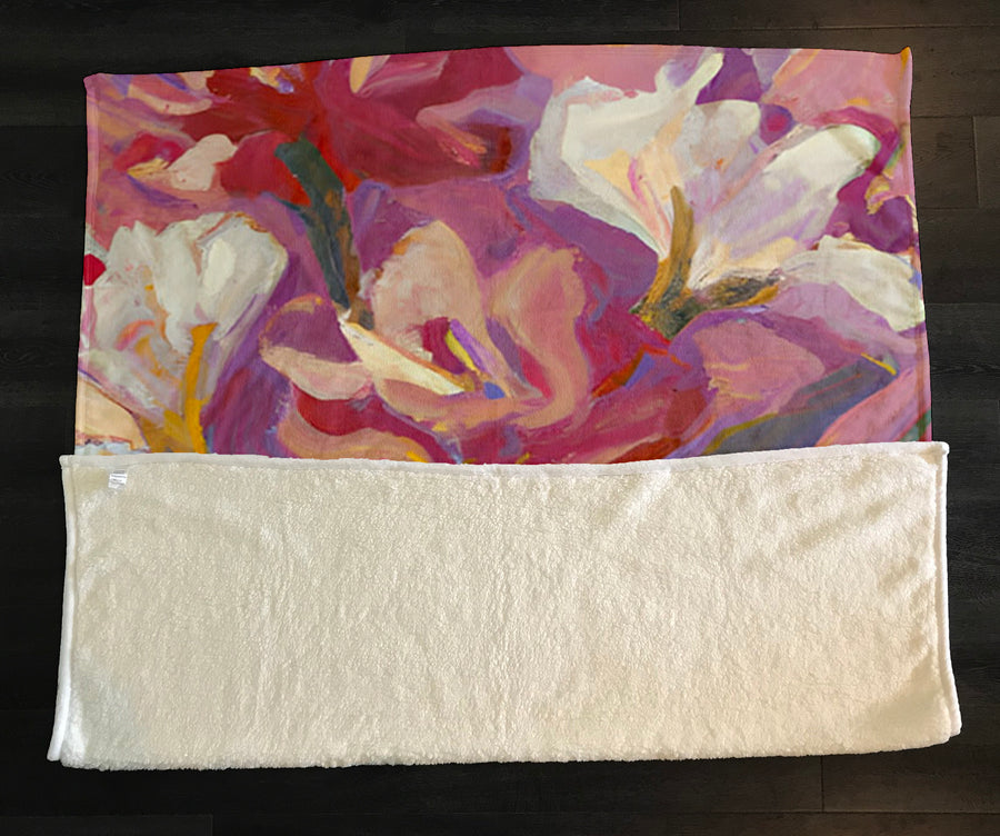 Pink and Beige Abstract Floral Artwork Fleece Sherpa Blanket