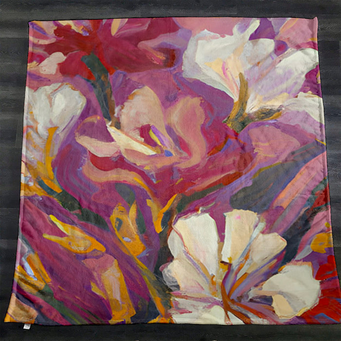 Pink and Beige Abstract Floral Artwork Fleece Sherpa Blanket
