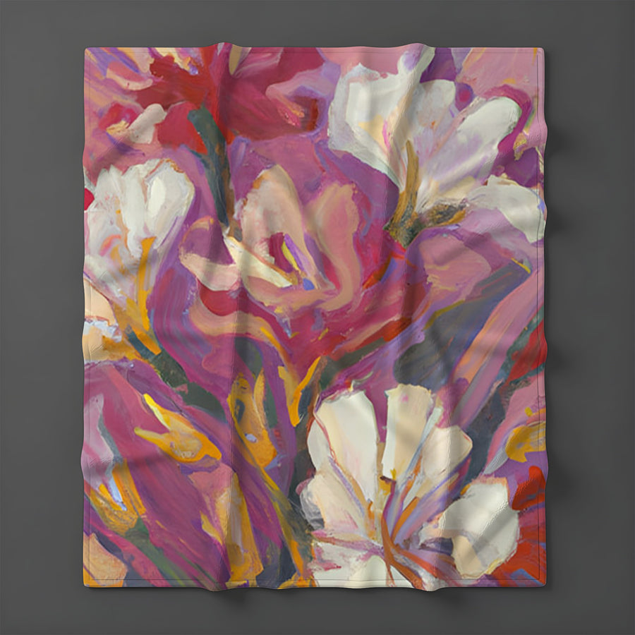 Pink and Beige Abstract Floral Artwork Fleece Sherpa Blanket