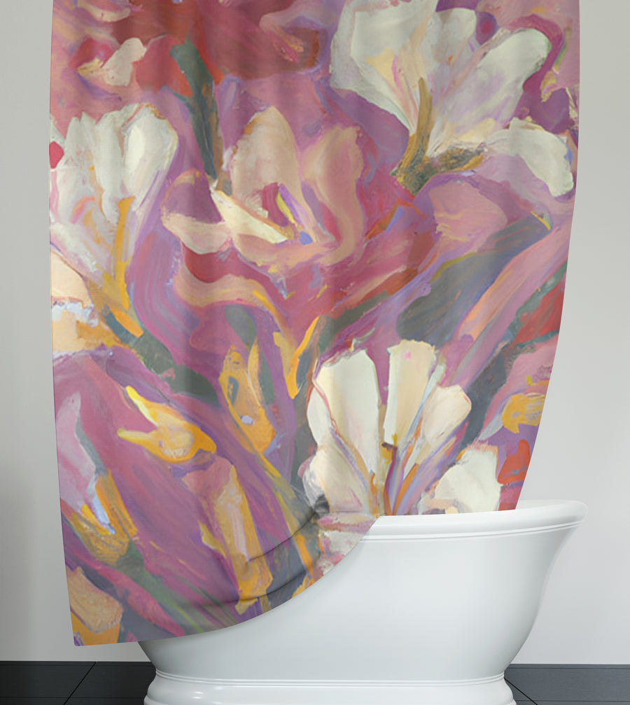 Pink and Beige Floral Artwork Shower Curtain