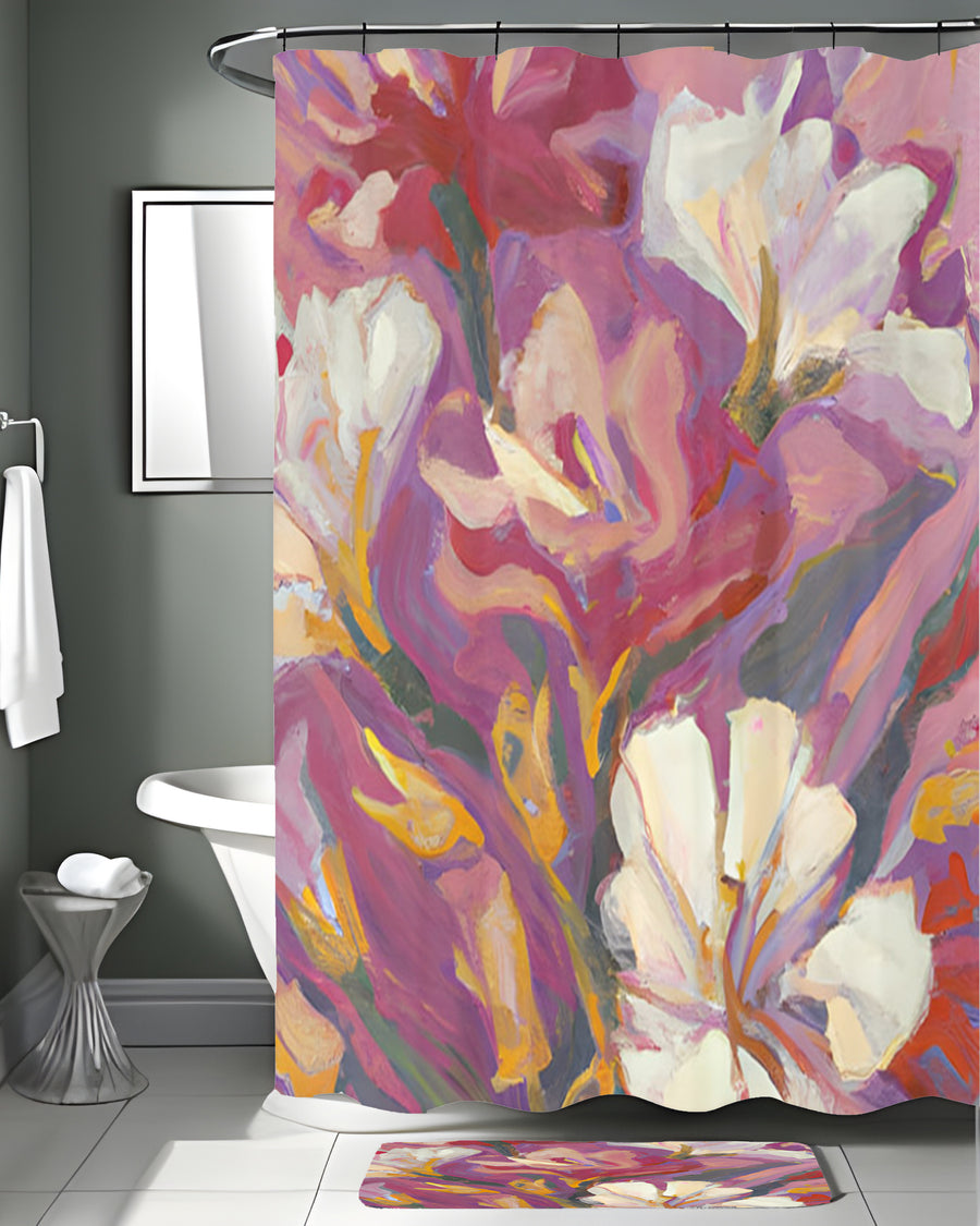 Pink and Beige Floral Artwork Shower Curtain