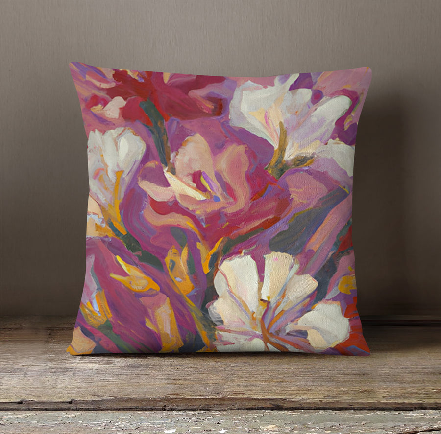 Pink and Beige Abstract Floral Artwork Throw Pillow Cover