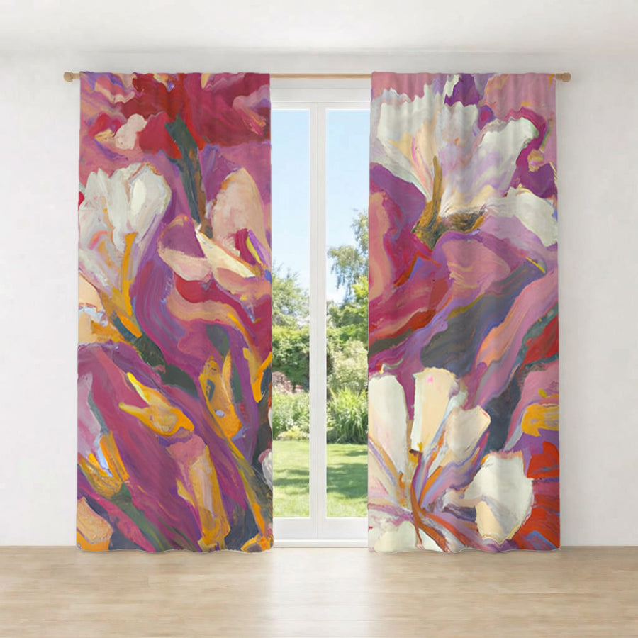 Pink and Beige Abstract Floral Artwork Window Curtains