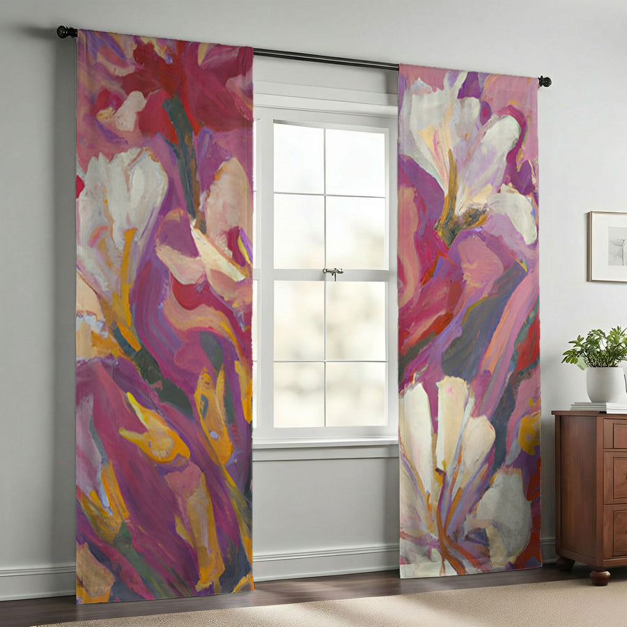 Pink and Beige Abstract Floral Artwork Window Curtains