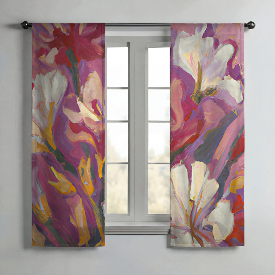 Pink and Beige Abstract Floral Artwork Window Curtains