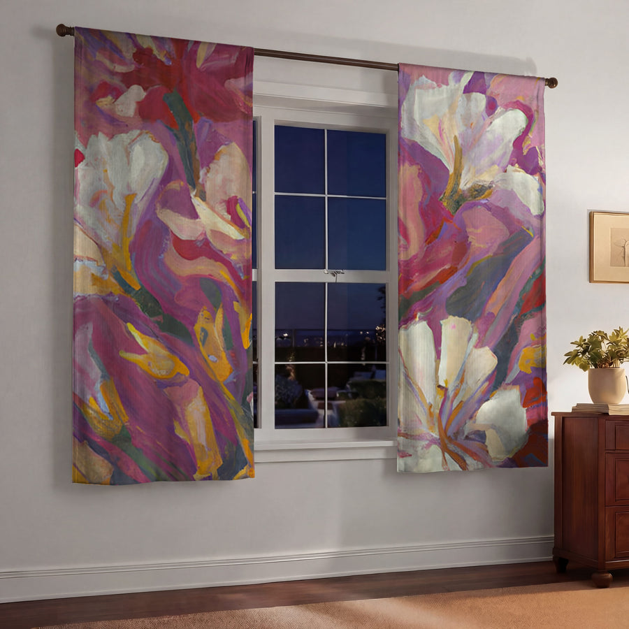 Pink and Beige Abstract Floral Artwork Window Curtains