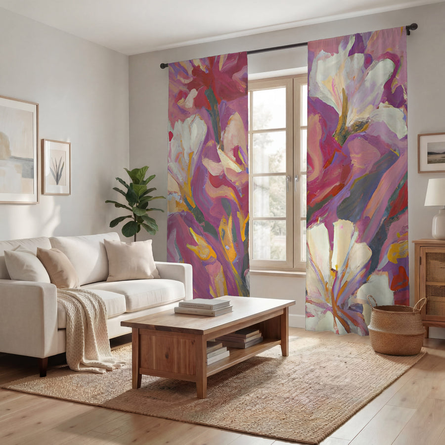 Pink and Beige Abstract Floral Artwork Window Curtains