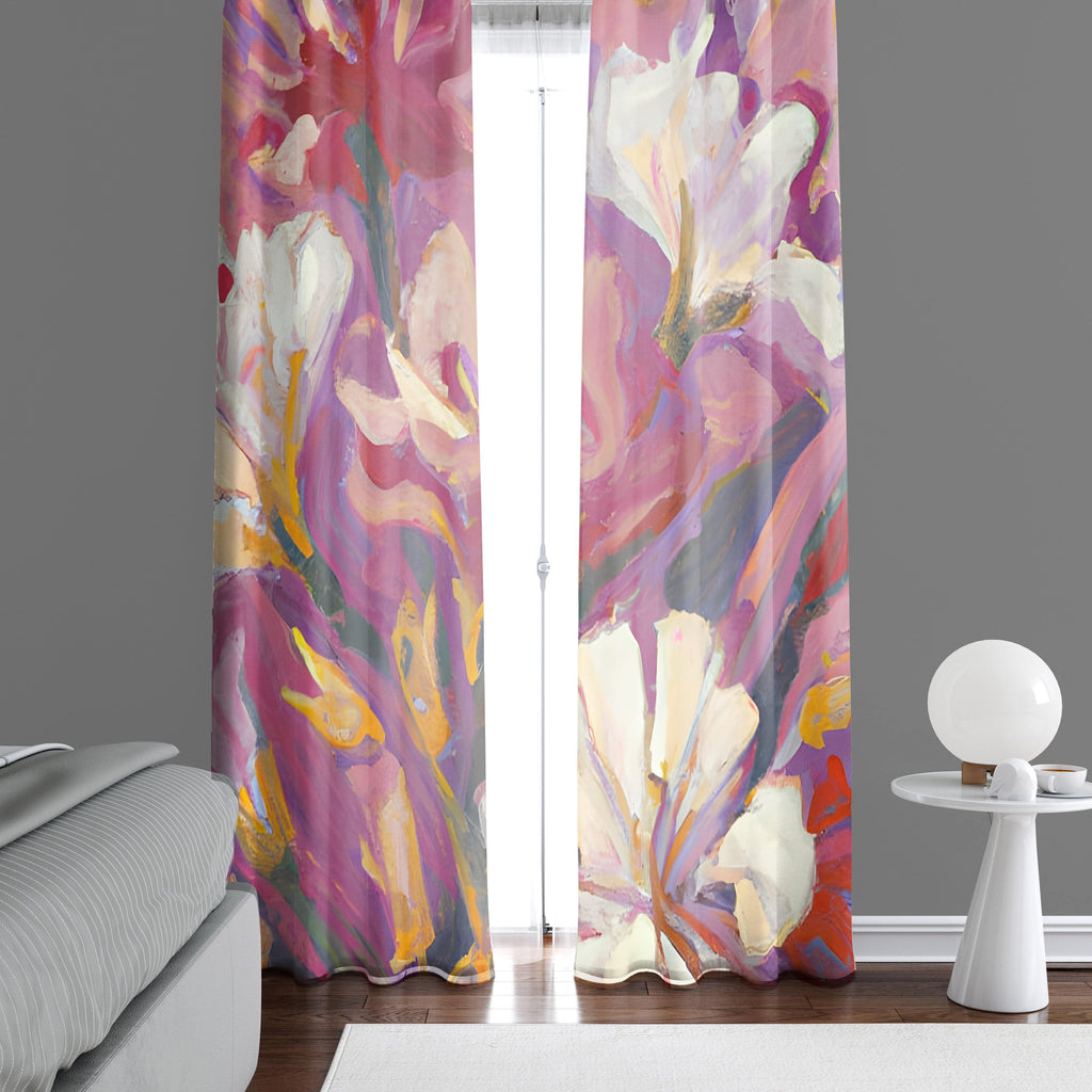 Floral Window Curtains - Pink and White Painted Flower Print - Deja Blue Studios
