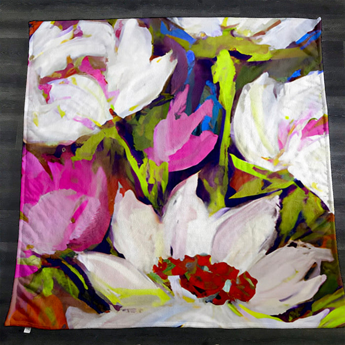 Multicolor Floral Garden Artwork Fleece Sherpa Blanket
