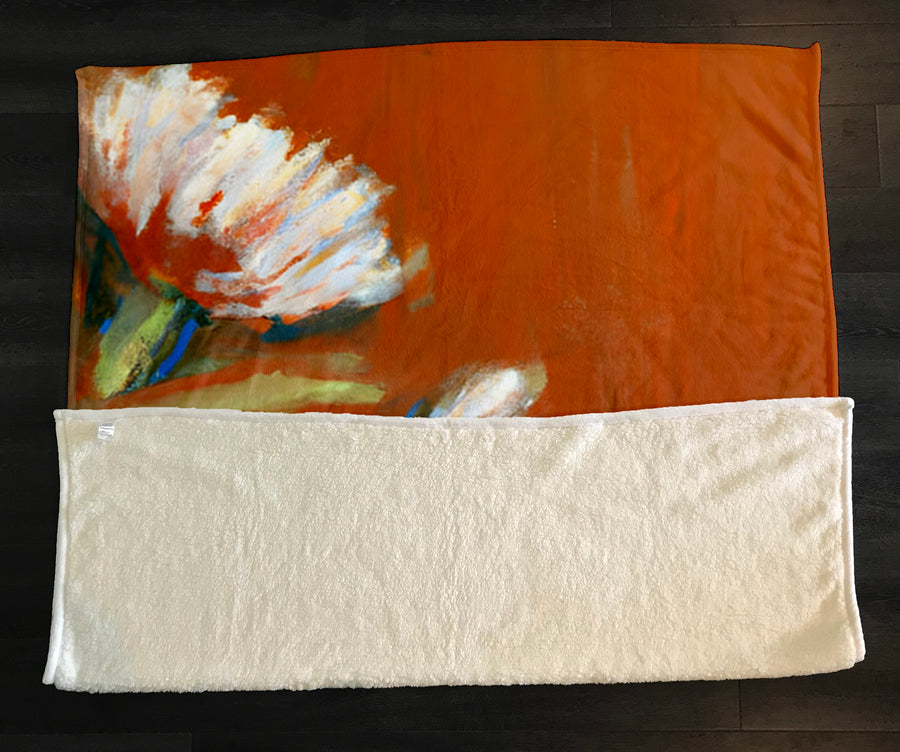 Orange Floral Brushstroke Artwork Fleece Sherpa Blanket