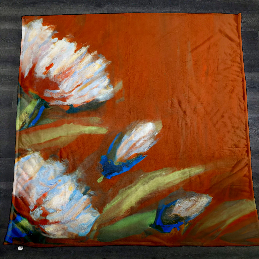 Orange Floral Brushstroke Artwork Fleece Sherpa Blanket