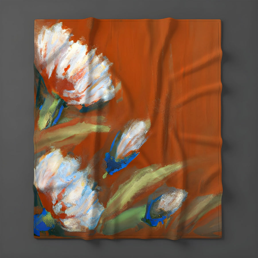 Orange Floral Brushstroke Artwork Fleece Sherpa Blanket