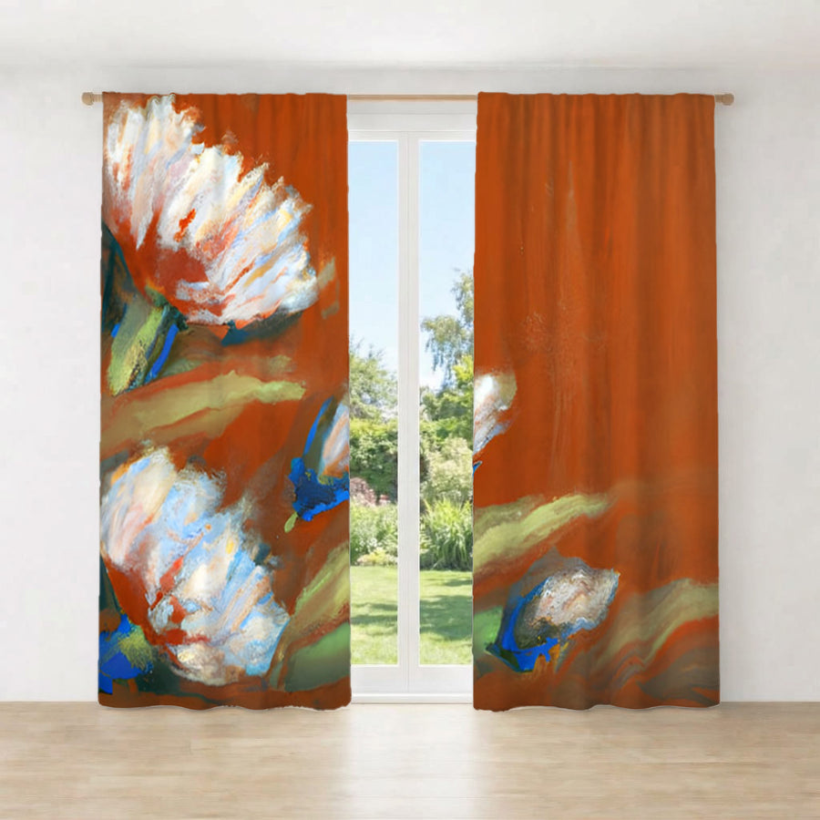 Orange Floral Brushstroke Artwork Window Curtains
