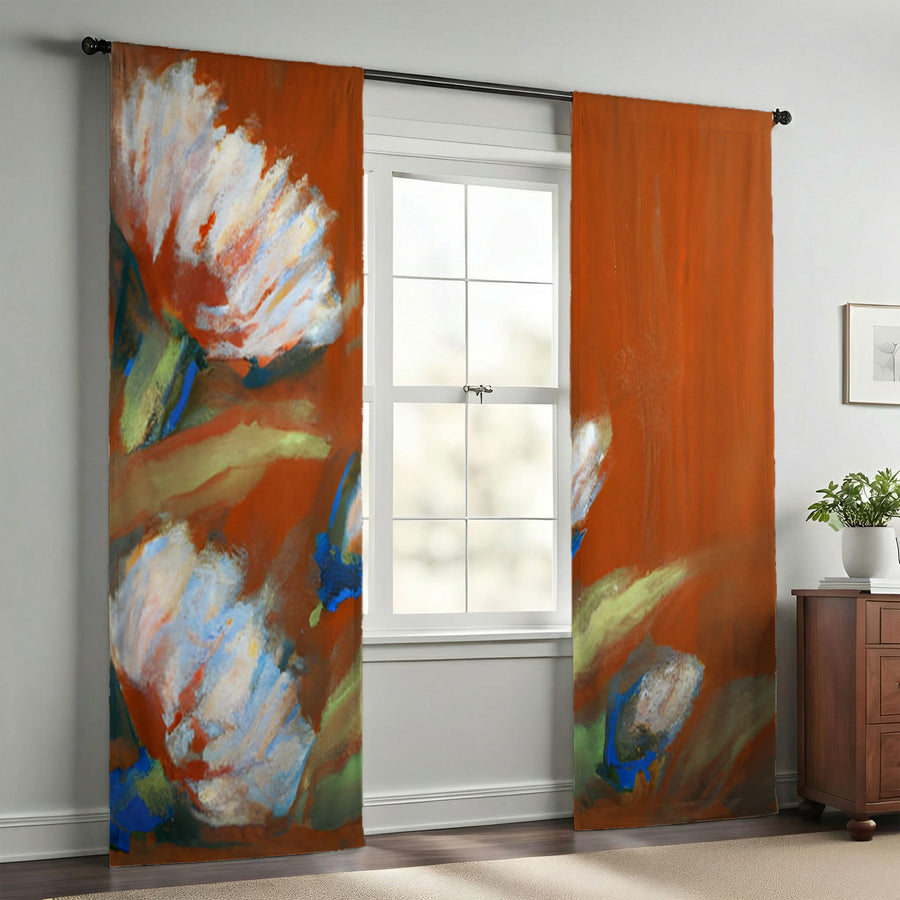 Orange Floral Brushstroke Artwork Window Curtains