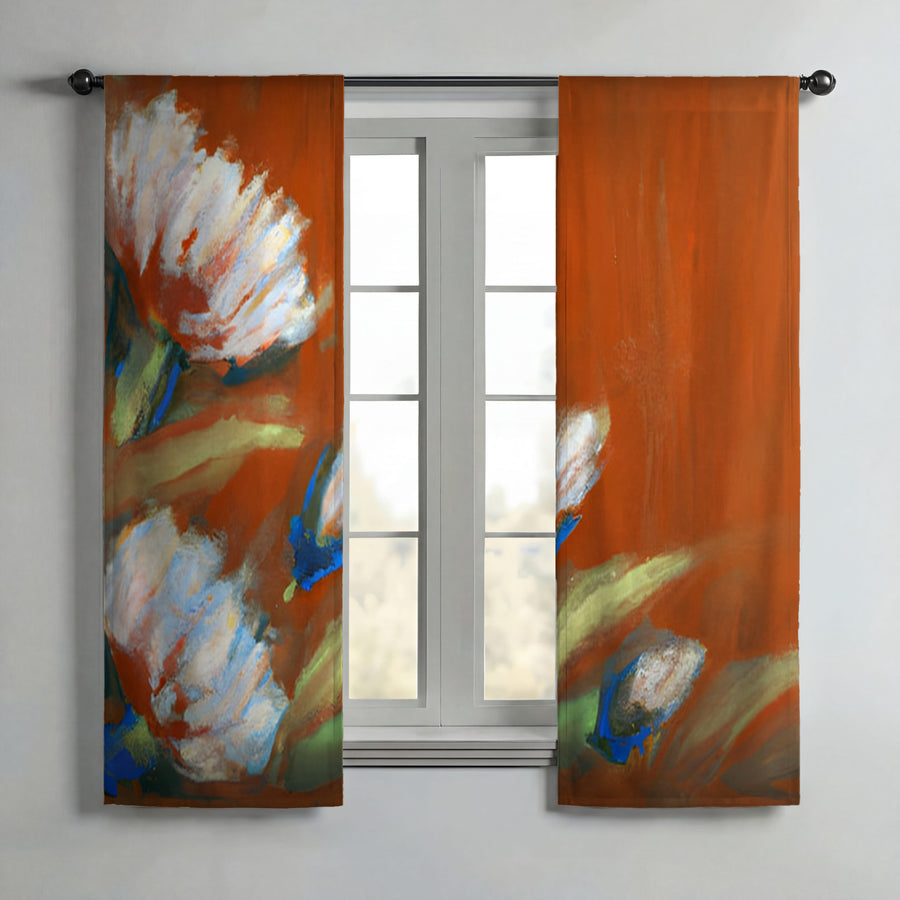 Orange Floral Brushstroke Artwork Window Curtains