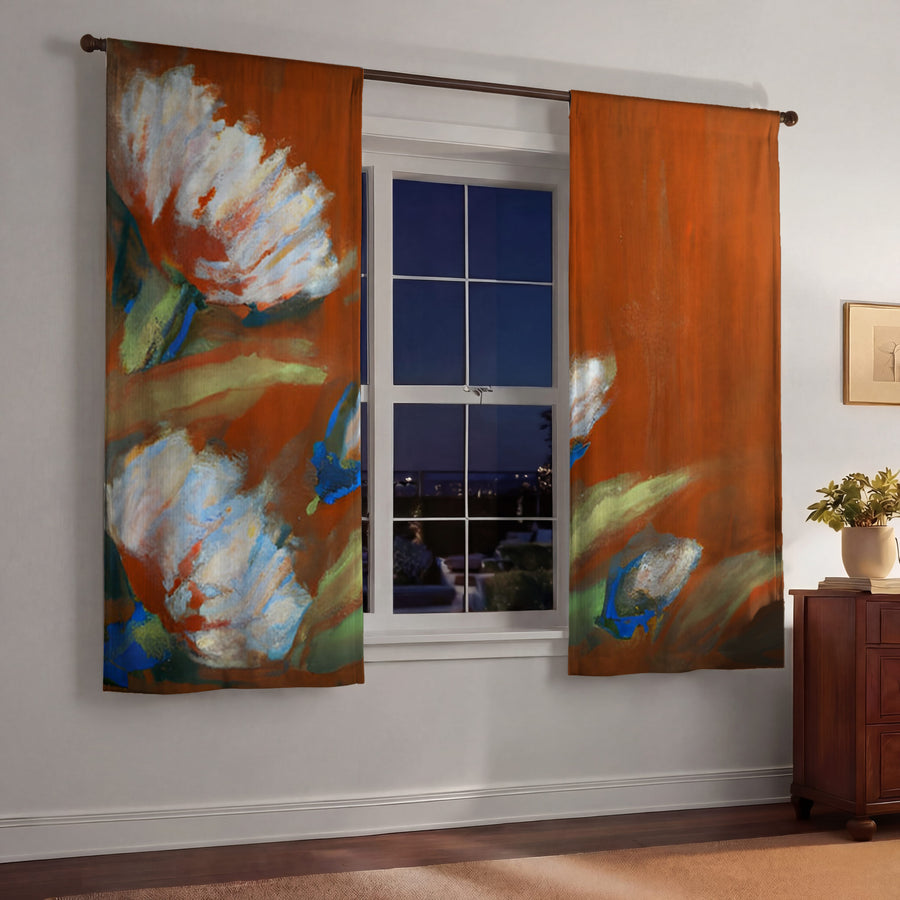Orange Floral Brushstroke Artwork Window Curtains