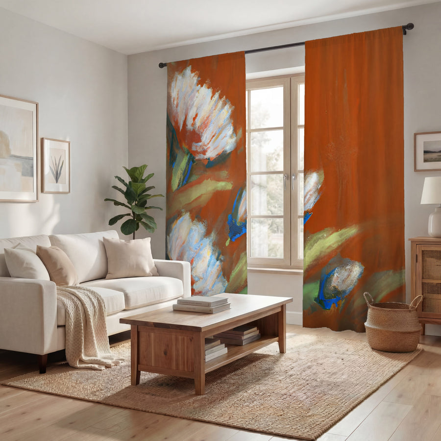 Orange Floral Brushstroke Artwork Window Curtains