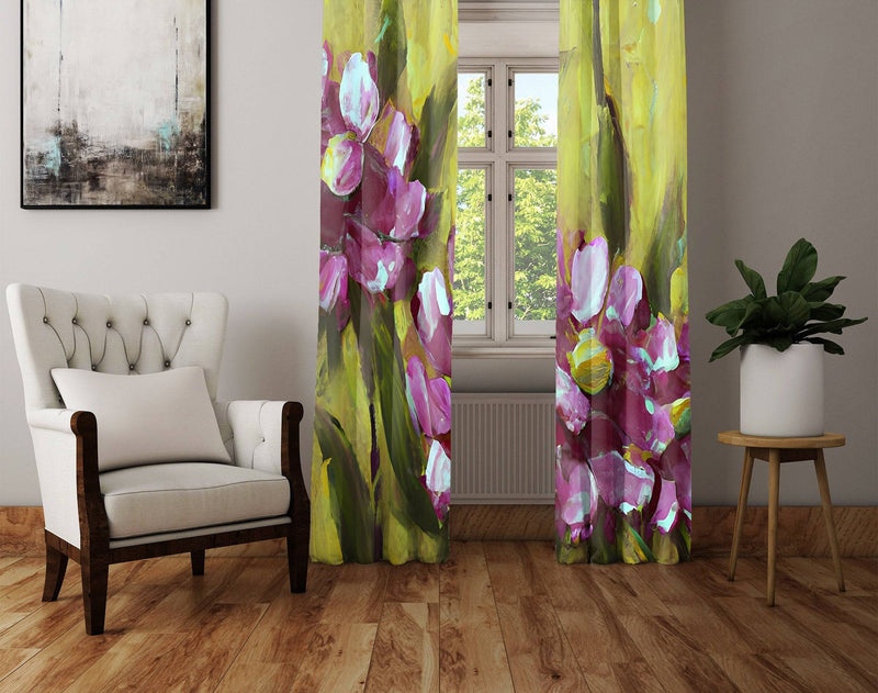 Floral Window Curtains - Green and Purple Contemporary Painted Print - Deja Blue Studios